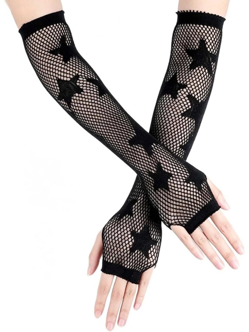 Women's Black Fingerless Elbow Long Sleeve Star Fishnet Knit Halloween Glove